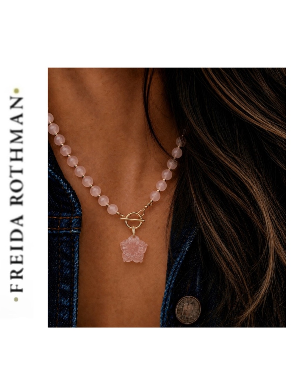 Freida Rothman Vault Genuine Rose Quartz Flower Pendant and Necklace